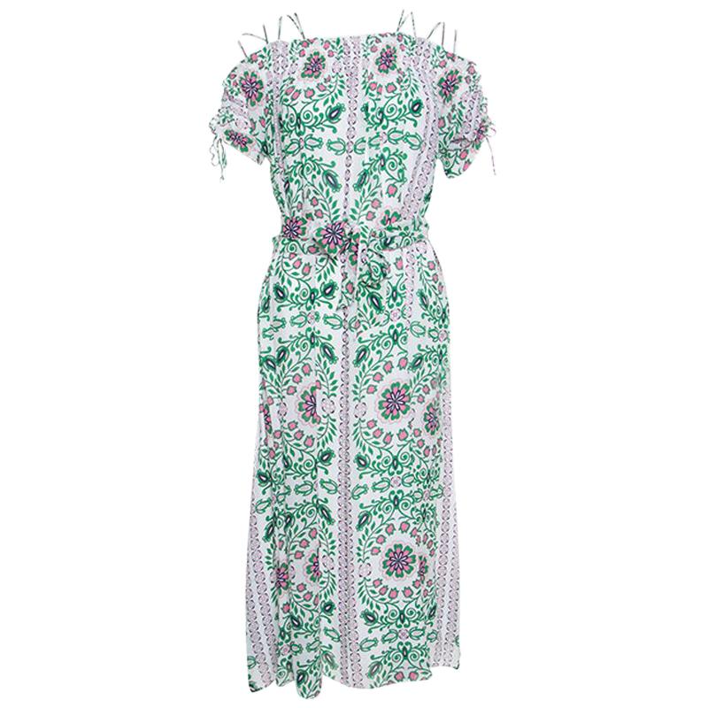 Tory Burch Floral Garden Party Printed Silk Belted Asilomar Midi Dress S