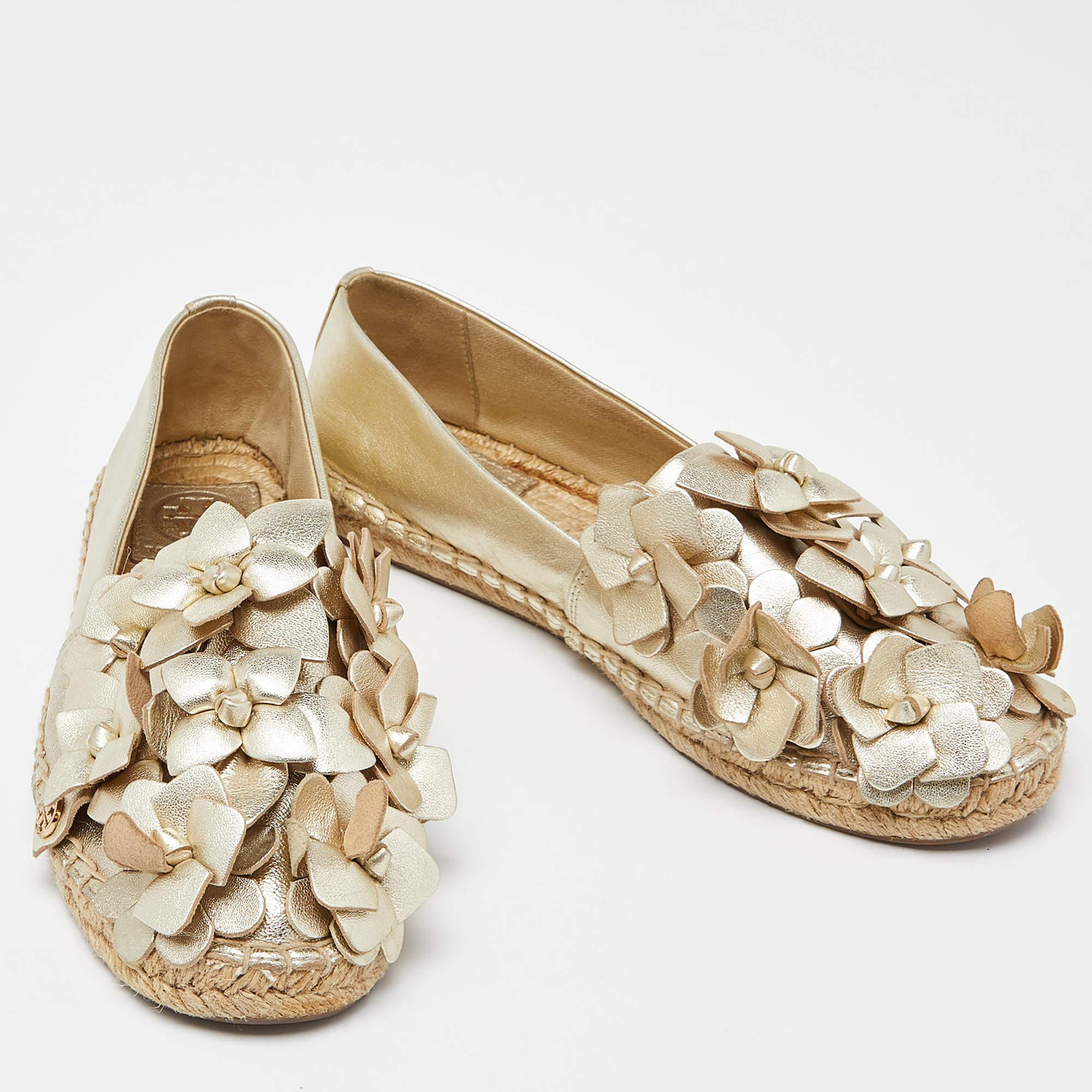 Women's Tory Burch Gold Leather Blossom Espadrille Flats Size 36.5 For Sale