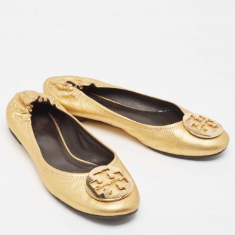 Tory Burch Bailarinas Reva Scrunch Piel Dorada Talla 38.5 Oro en venta