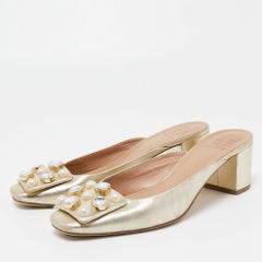 Tory Burch Gold Leather Vail Block Heel Mules Size 37.5