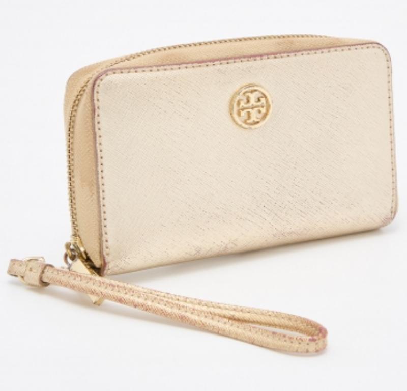 Tory Burch Gold Leder Zip um Wristlet Brieftasche im Angebot 6