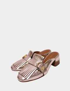 Tory Burch Gold Metallic Leather Fringe Mules with Bamboo Buckle - EU 39