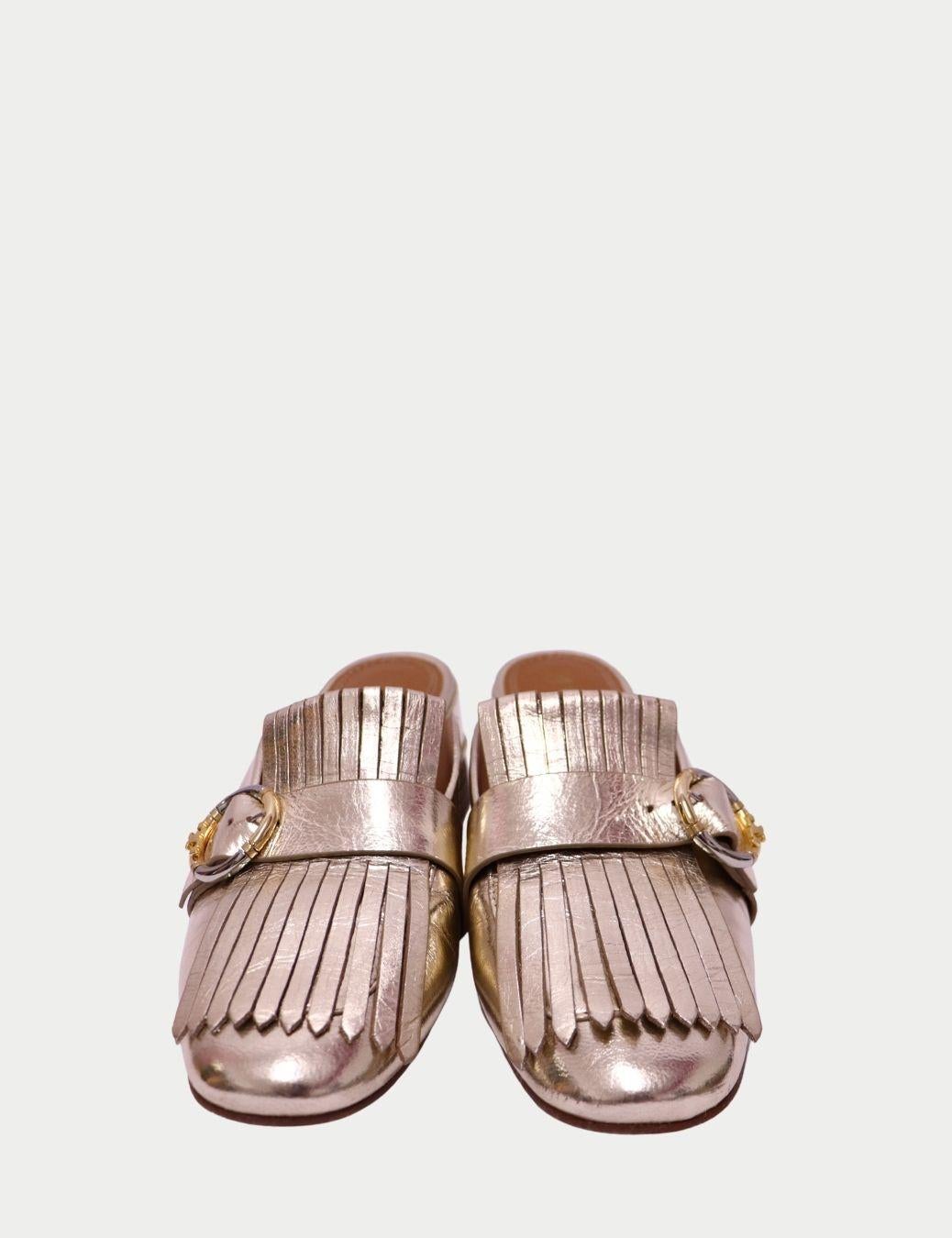 Tory Burch Gold Metallic Leder Fransen Pantoletten mit Bambus Schnalle - EU 39 Damen im Angebot