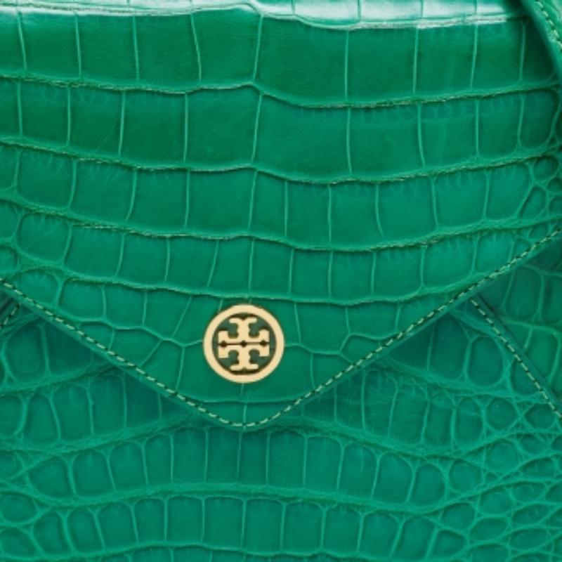 Tory Burch Green Alligator Robinson Envelope Flap Clutch Bag In Excellent Condition In Dubai, Al Qouz 2