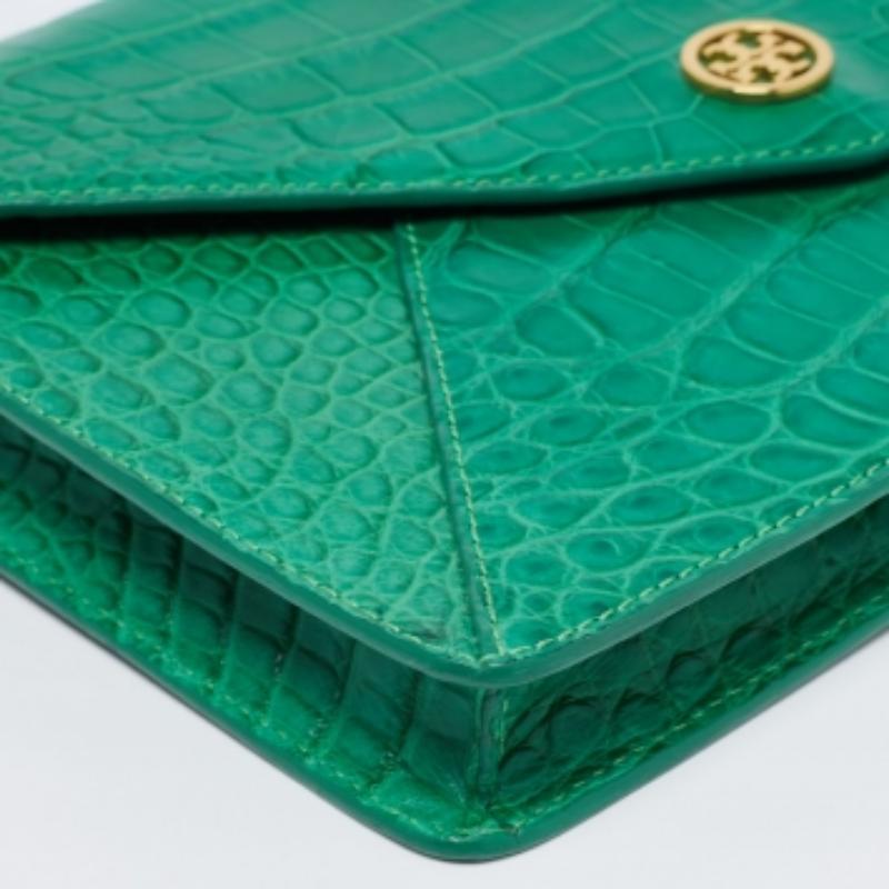 Tory Burch Green Alligator Robinson Envelope Flap Clutch Bag 3