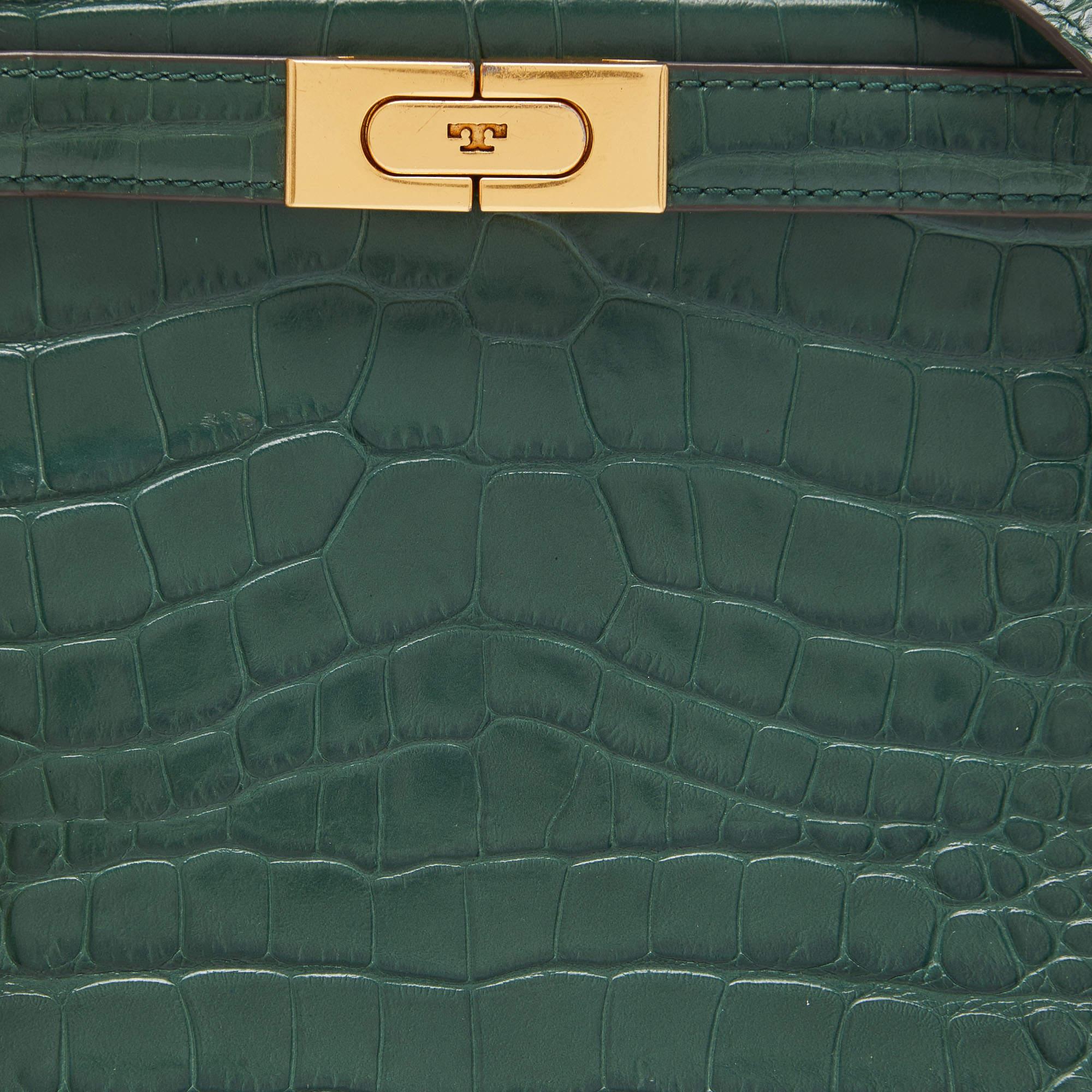 Tory Burch Green Croc Embossed Leather Lee Radziwill Top Handle Bag 6
