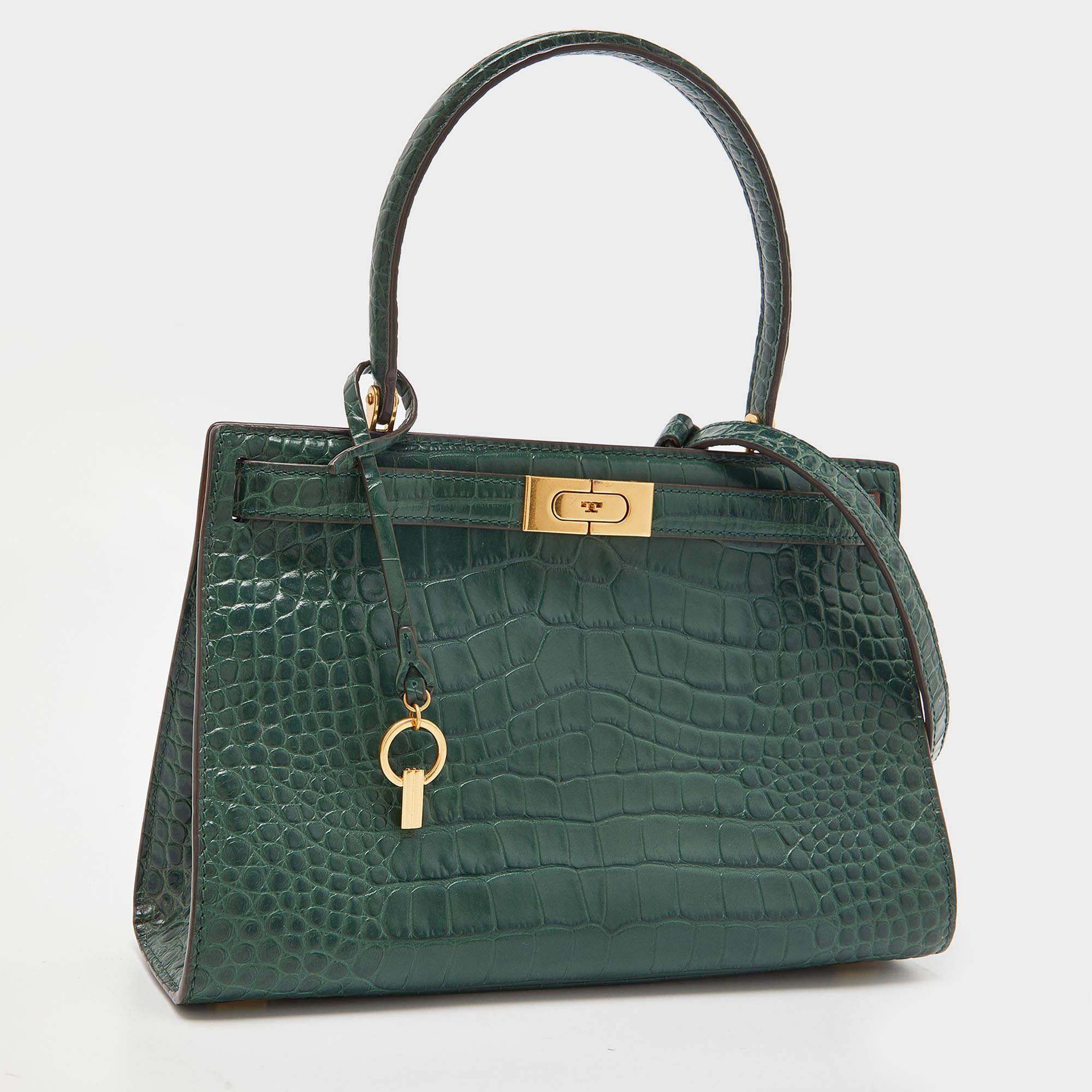Women's Tory Burch Green Croc Embossed Leather Lee Radziwill Top Handle Bag