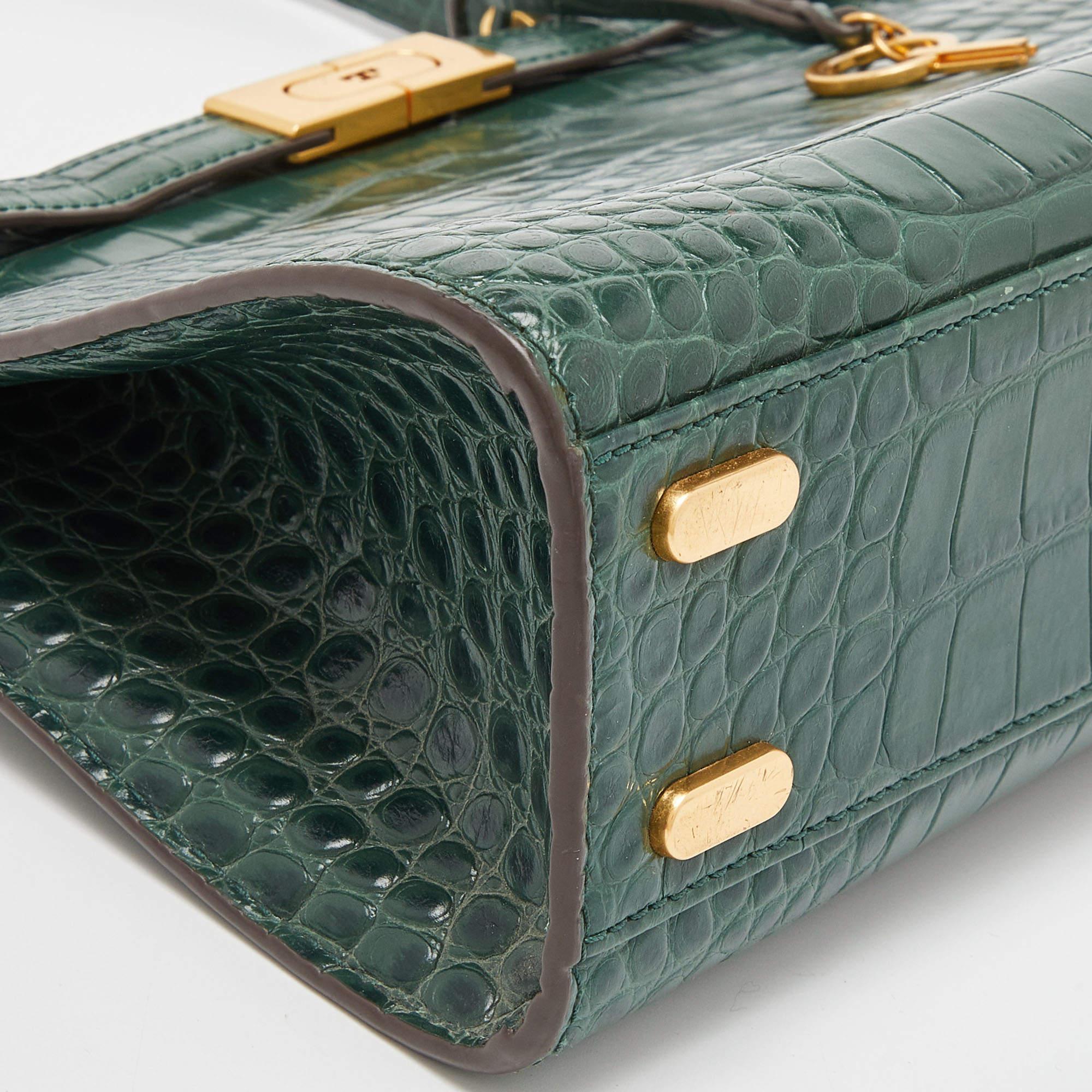 Tory Burch Green Croc Embossed Leather Lee Radziwill Top Handle Bag 4