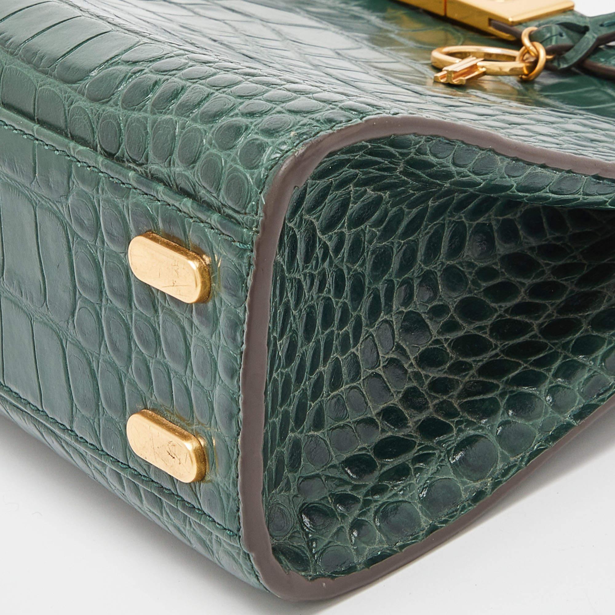 Tory Burch Green Croc Embossed Leather Lee Radziwill Top Handle Bag 5