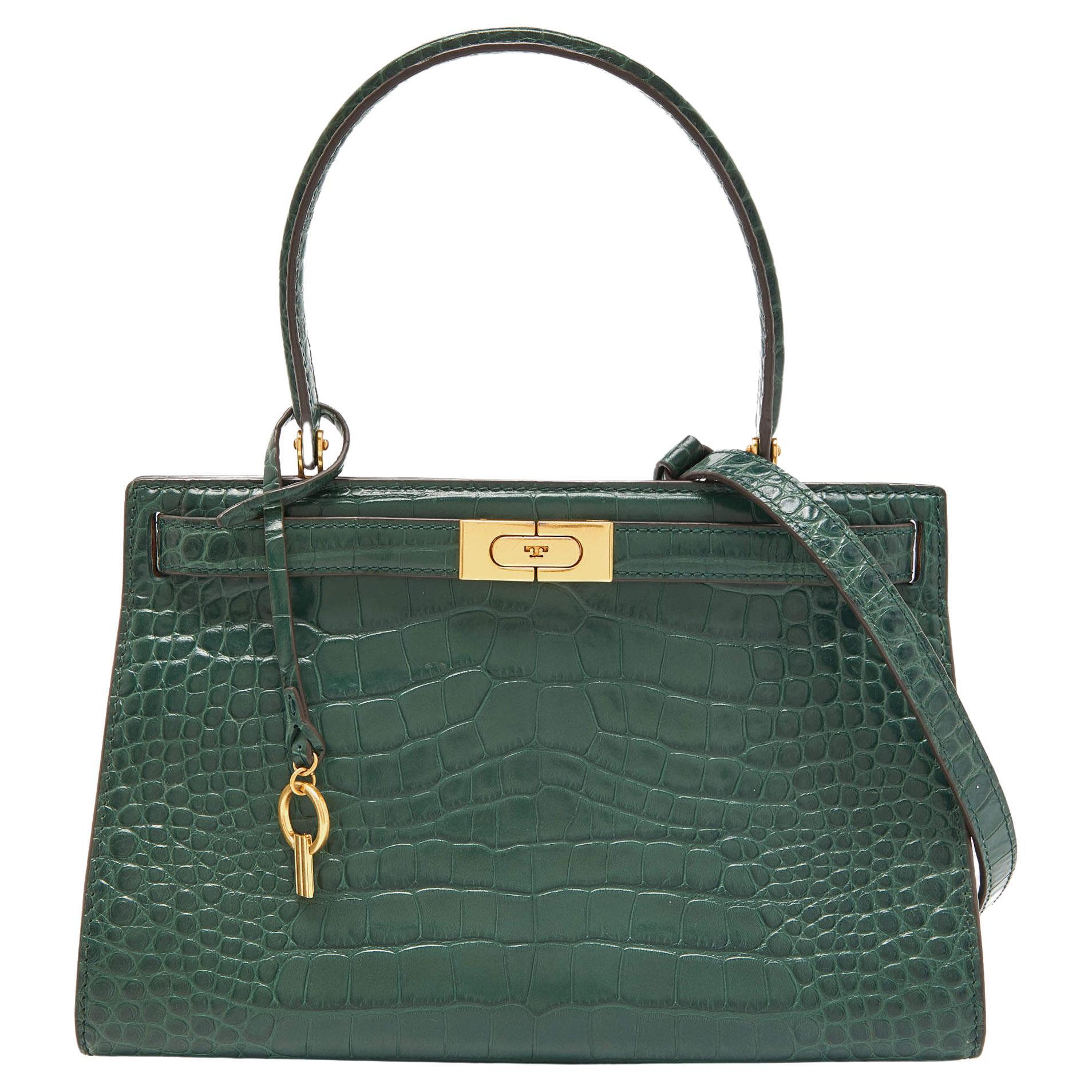 Tory Burch Green Croc Embossed Leather Lee Radziwill Top Handle Bag