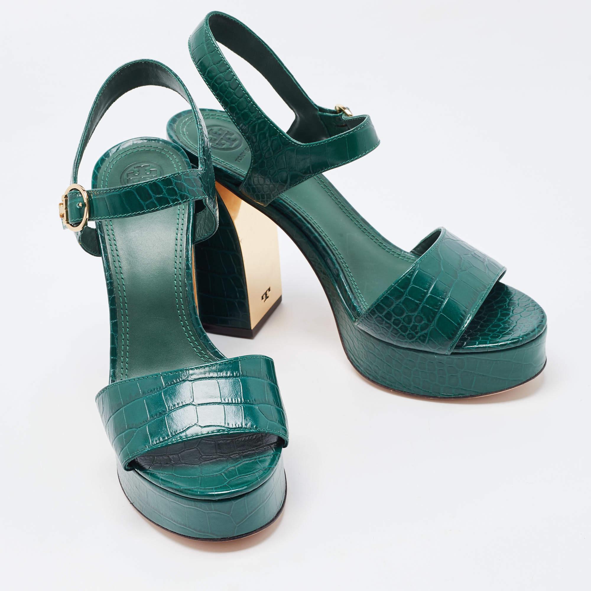 Women's Tory Burch Green Croc Embossed Leather Martine Platform Sandals Size 40 For Sale
