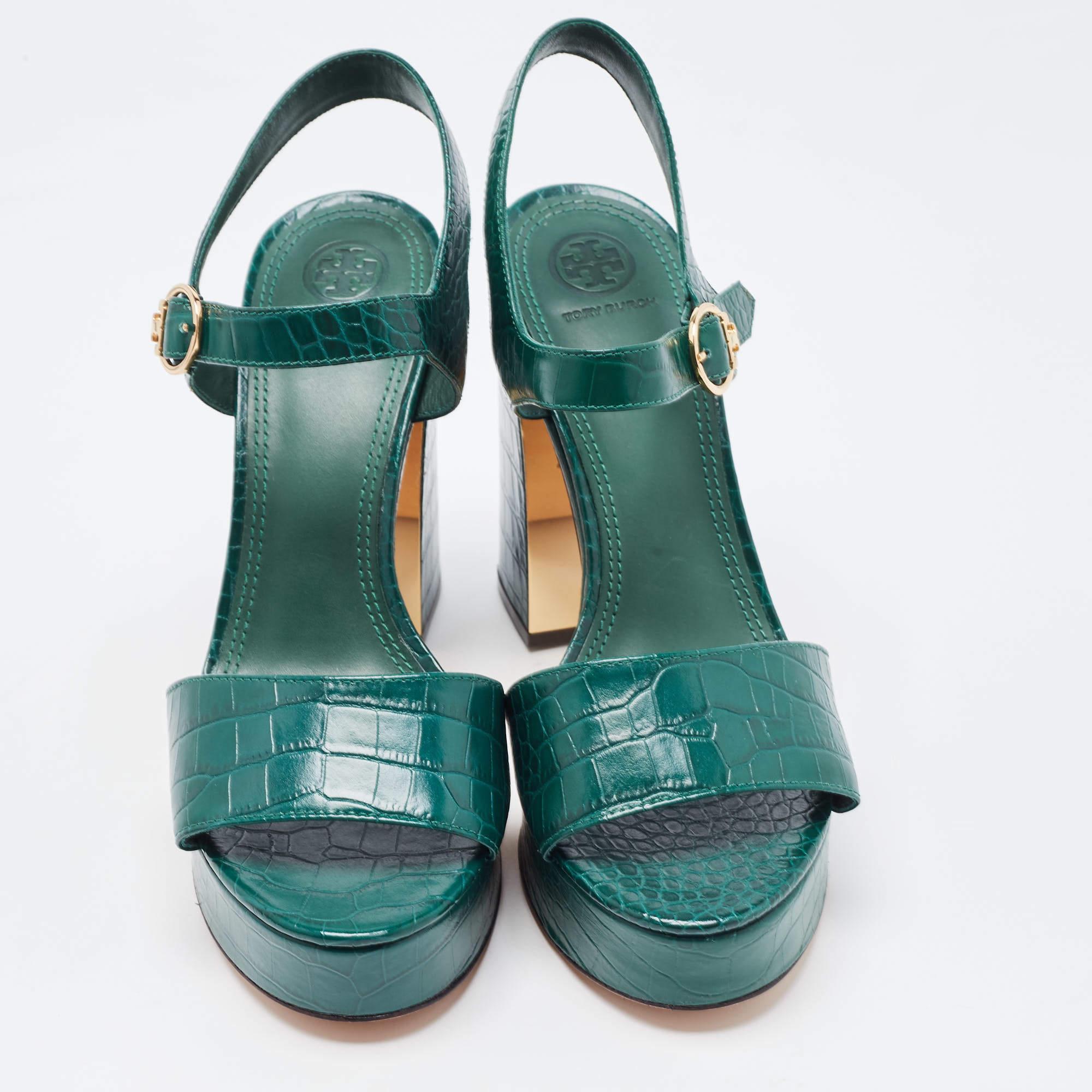 Tory Burch Green Croc Embossed Leather Martine Platform Sandals Size 40 For Sale 1