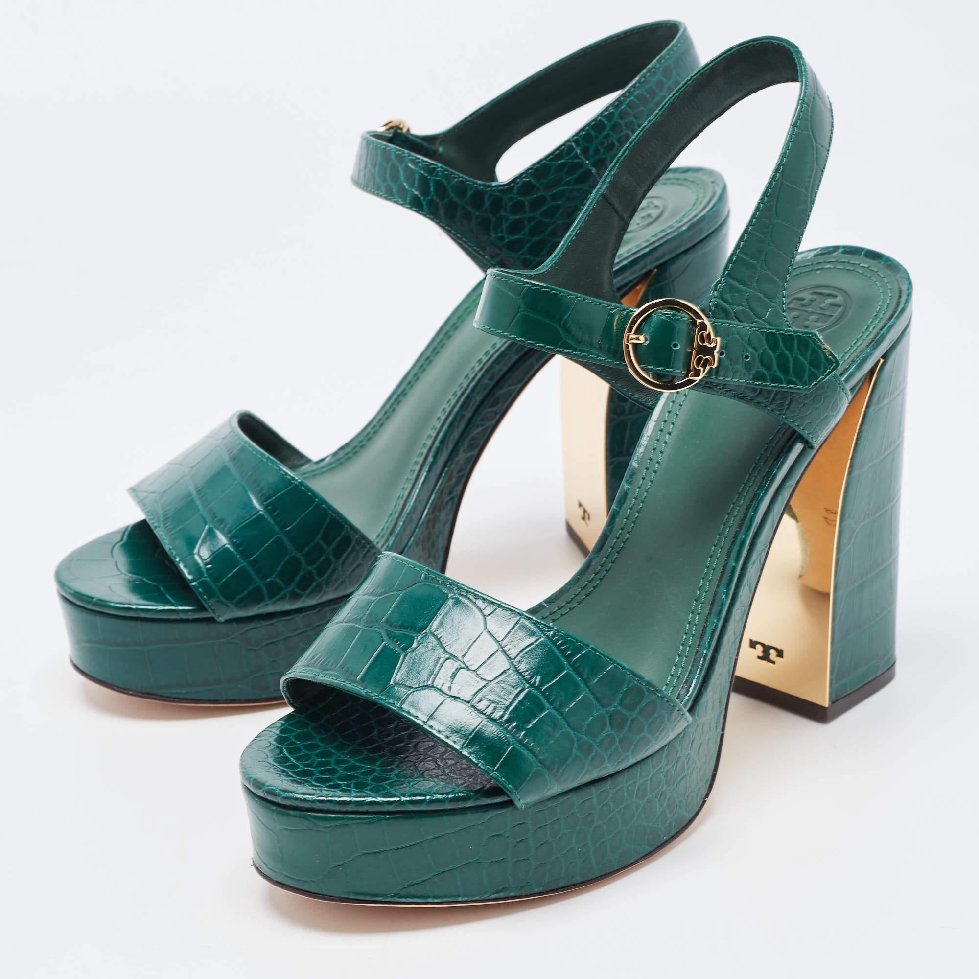 Tory Burch Green Croc Embossed Leather Martine Platform Sandals Size 40 For Sale 2
