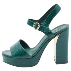 Tory Burch Green Croc Embossed Leather Martine Platform Sandals Size 40