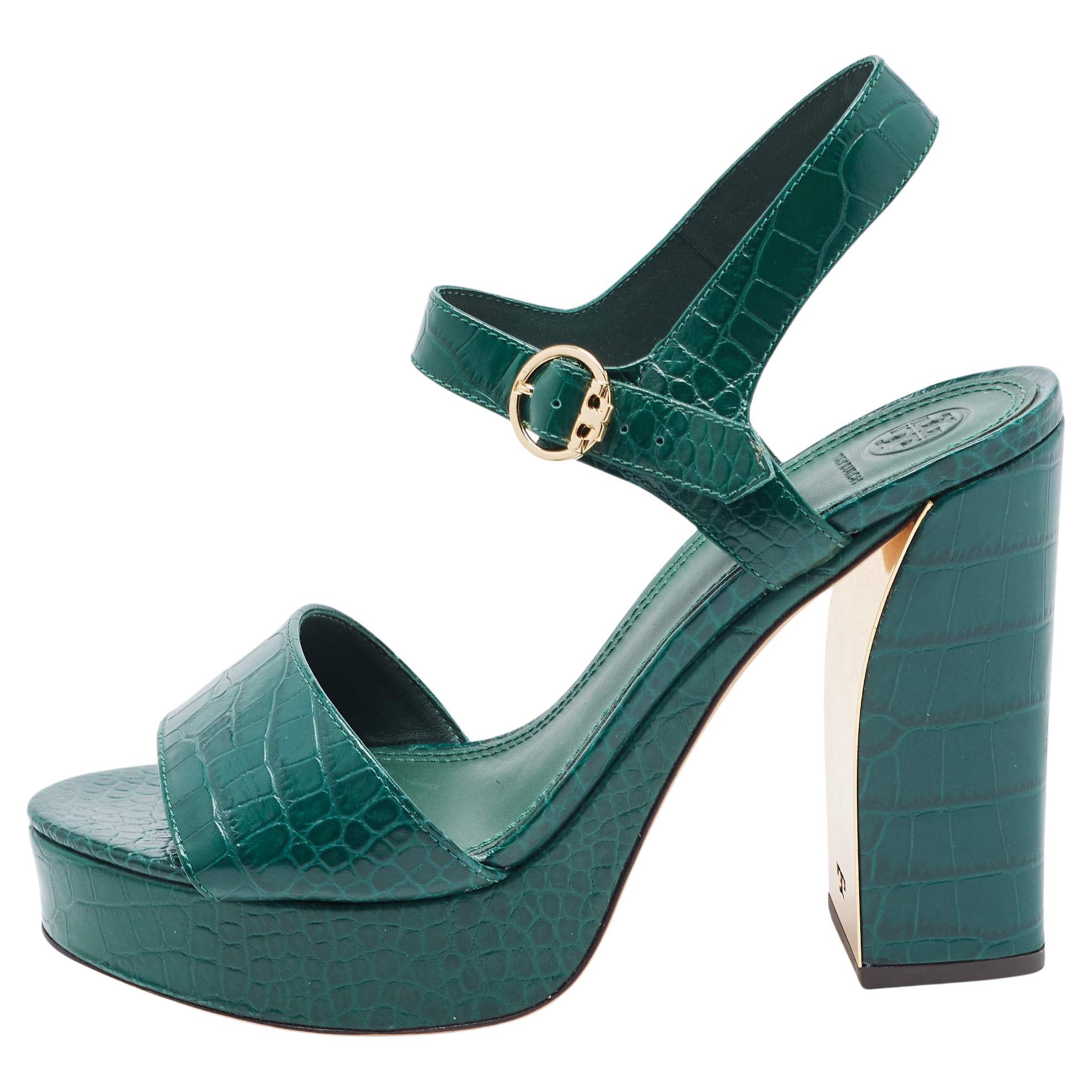 Tory Burch Green Croc Embossed Leather Martine Platform Sandals Size 40 For Sale