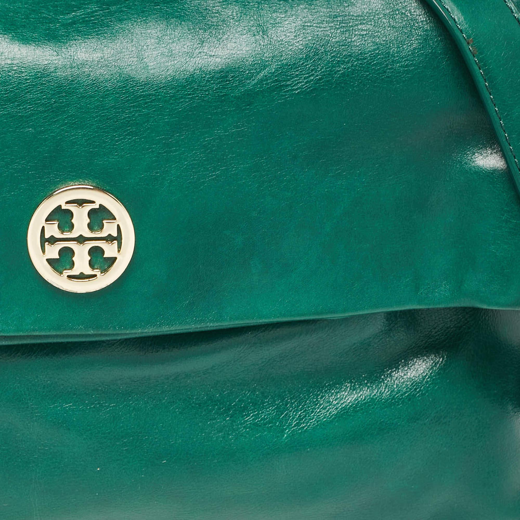 Tory Burch Green Leather Dena Fold Over Crossbody Bag 1