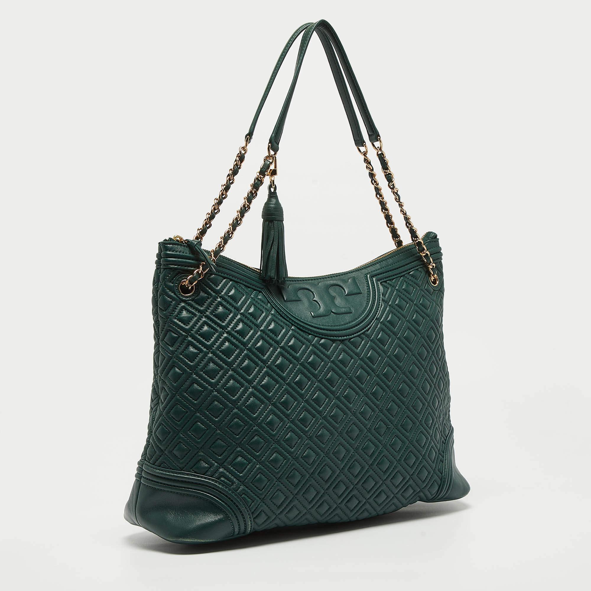 Black Tory Burch Green Leather Fleming Top Zip Shoulder Bag
