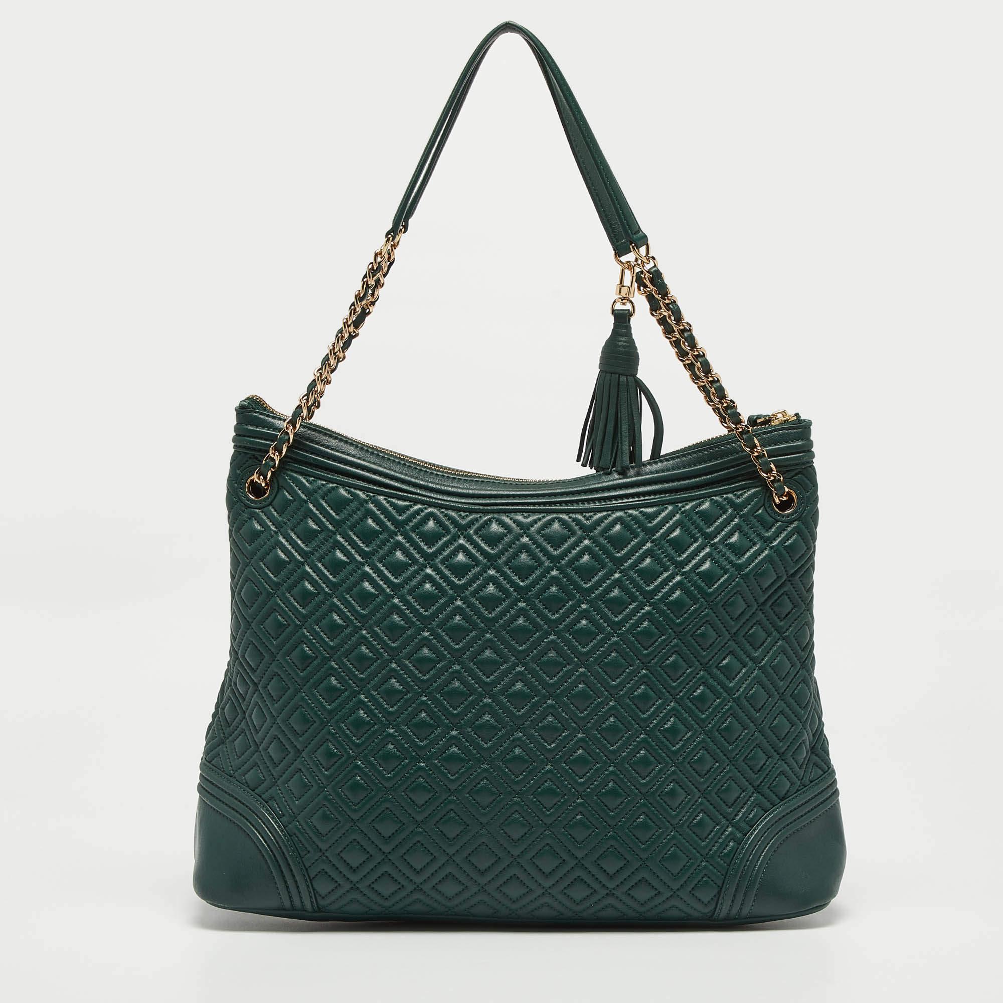 Tory Burch Green Leather Fleming Top Zip Shoulder Bag In Good Condition In Dubai, Al Qouz 2