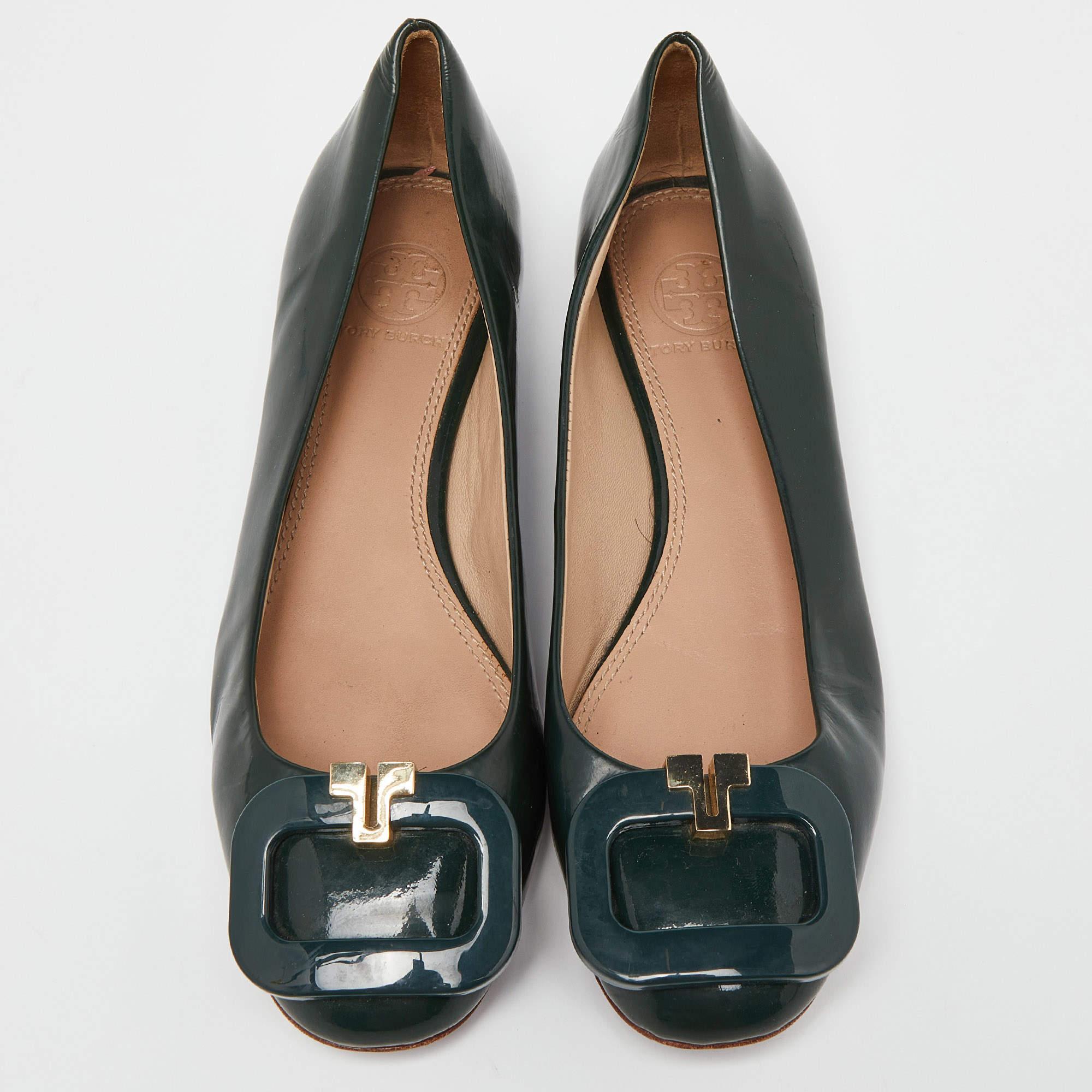 Black Tory Burch Green Patent Leather Ballet Flats Size 37 For Sale