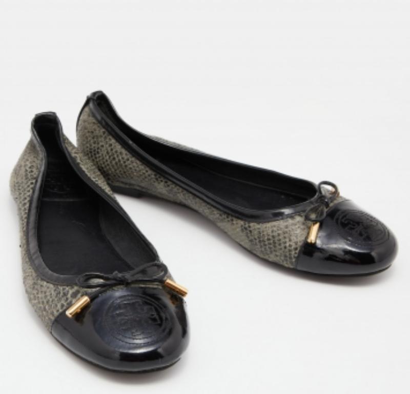 Tory Burch Bailarinas Piel Pitón y Charol Gris/Negro Talla 38.5 en venta 1