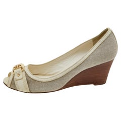 Tory Burch Grey/Cream Canvas And Leather Wedge Peep Toe Pumps Size 37.5
