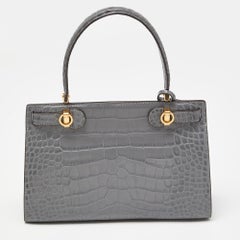 Tory Burch Graue Lee Radziwill Top Handle Bag aus Leder mit Krokodillederprägung