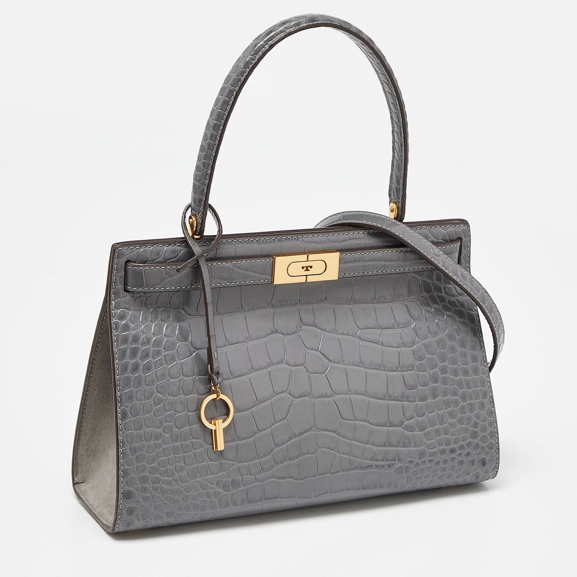 Tory Burch Grey Croc Embossed Leather Small Lee Radziwill Top Handle Bag In Good Condition In Dubai, Al Qouz 2