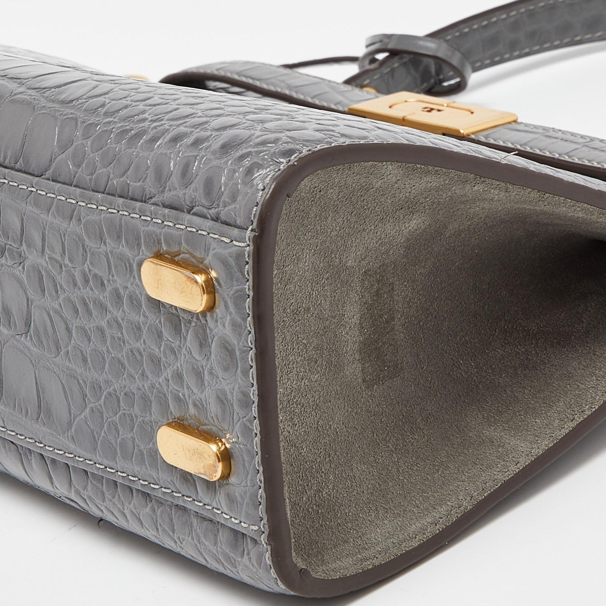 Tory Burch Grey Croc Embossed Leather Small Lee Radziwill Top Handle Bag 3