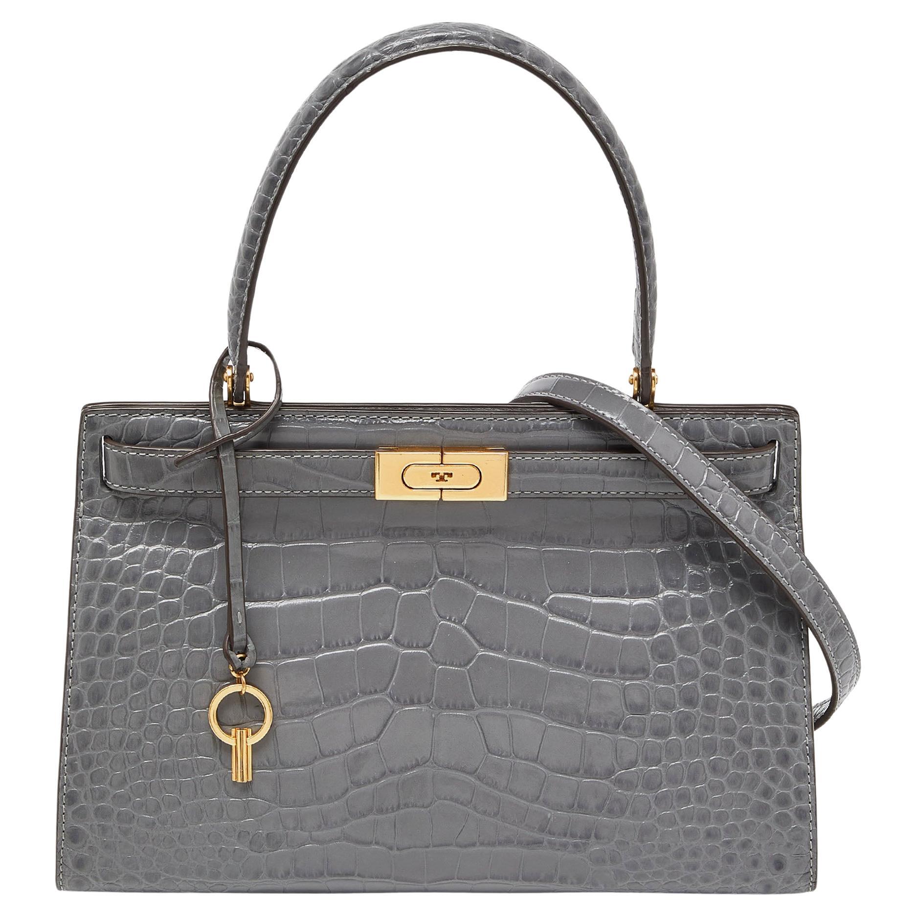 Tory Burch Grey Croc Embossed Leather Small Lee Radziwill Top Handle Bag For Sale