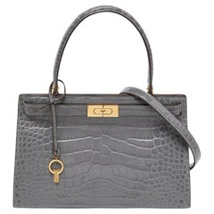 Tory Burch Grey Croc Embossed Leather Small Lee Radziwill Top Handle Bag