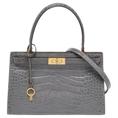 Tory Burch Graue Lee Radziwill Top Handle Bag aus Leder mit Krokodillederprägung