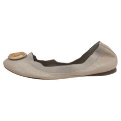 Tory Burch Grey Leather Carolina Scrunch Ballet Flats Size 37