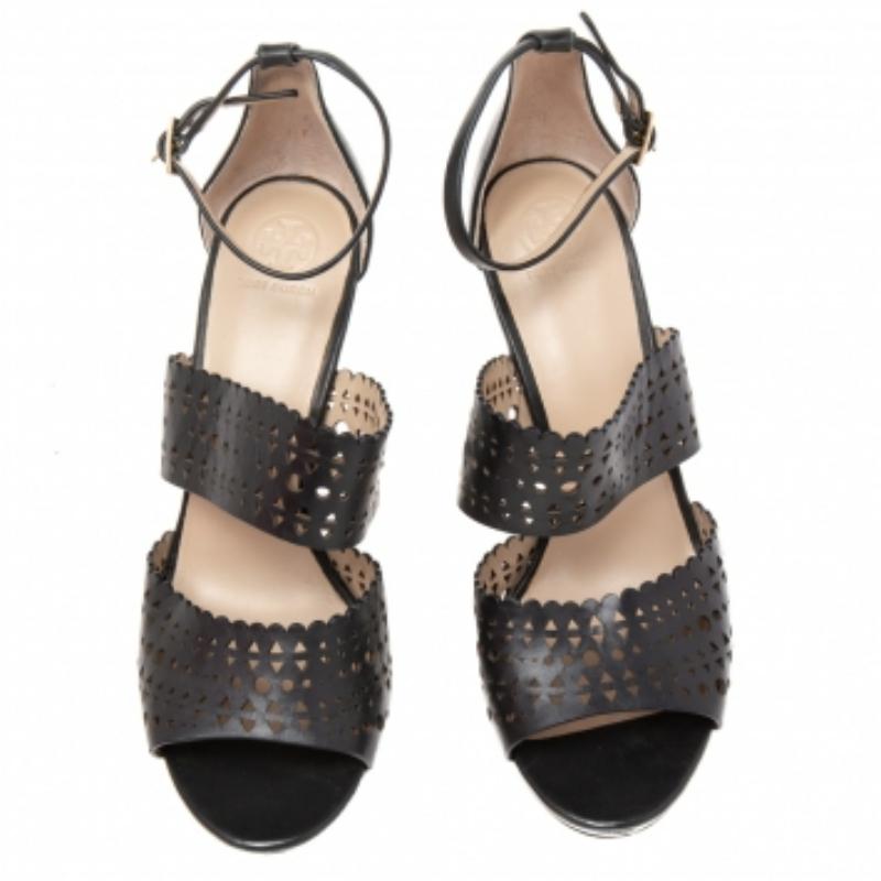 Tory Burch - Sandales à lanières à plateforme en cuir avec bordure festonnée découpée au laser, taille 40 Pour femmes en vente