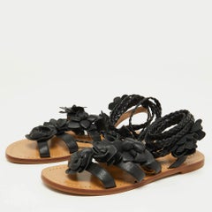 Tory Burch Leather Blossom Floral Embellished Flat Gladiator Sandals Size 37