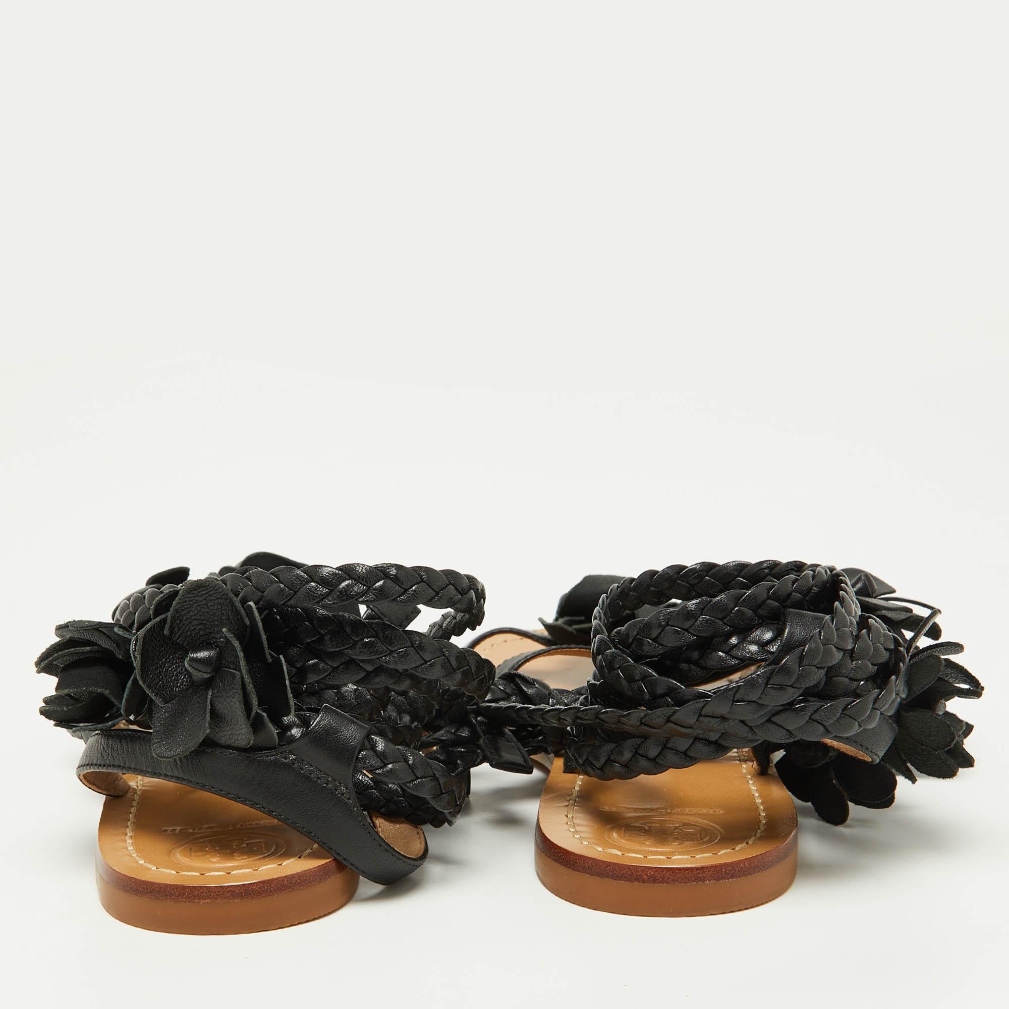 Women's Tory Burch Leather Blossom Floral Embellished Flat Gladiator Sandals Size 37 For Sale