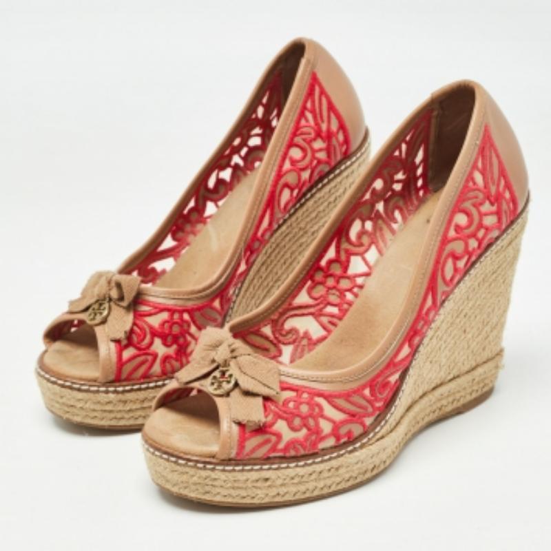 Tory Burch - Espadrille à talons compensés Jackie en cuir et tissu brodé - Taille 37,5 en vente 3