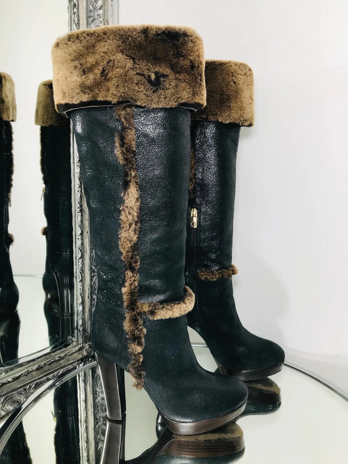 Black Tory Burch Leather & Shearling Boots For Sale