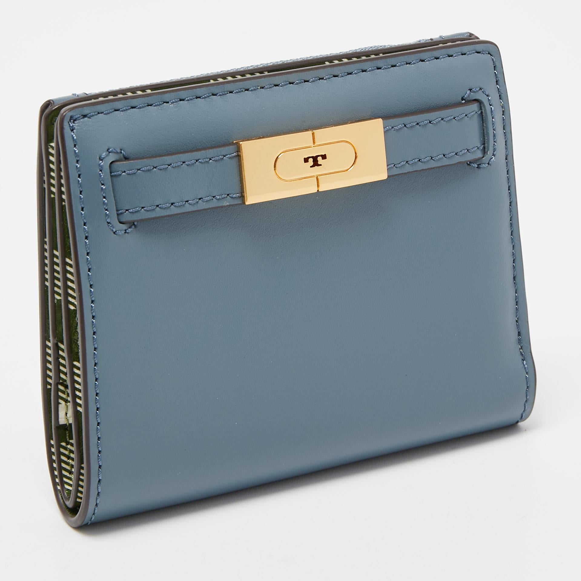 Gray Tory Burch Light Blue Leather Mini Lee Radziwill Wallet