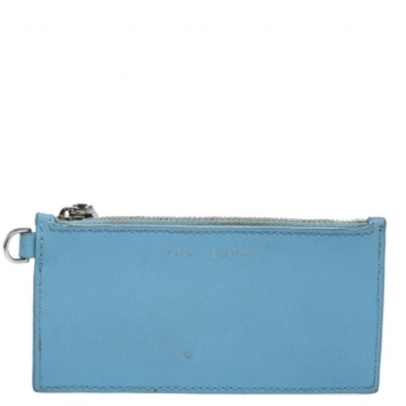 Donna Portacarte Tory Burch Top-Light in pelle blu con zip sottile in vendita