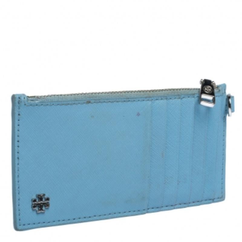 Portacarte Tory Burch Top-Light in pelle blu con zip sottile in vendita 2