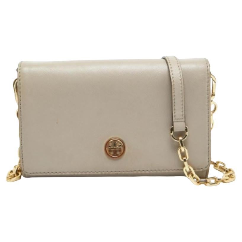 Tory Burch Hellgraues Robinson-Brieftasche aus Leder an Kette