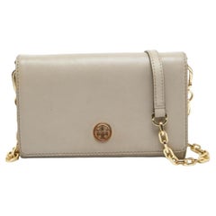 Tory Burch Light Grey Leather Robinson Wallet On Chain