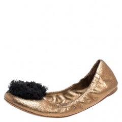 Tory Burch Metallic Bronze Crackled Leather Flower Scrunch Ballet Flats Size 40