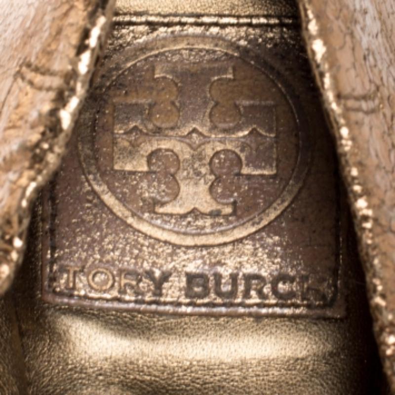 Tory Burch Metallic Bronze Crackled Leder Blume Scrunch Ballett Flats Größe 40 Damen im Angebot