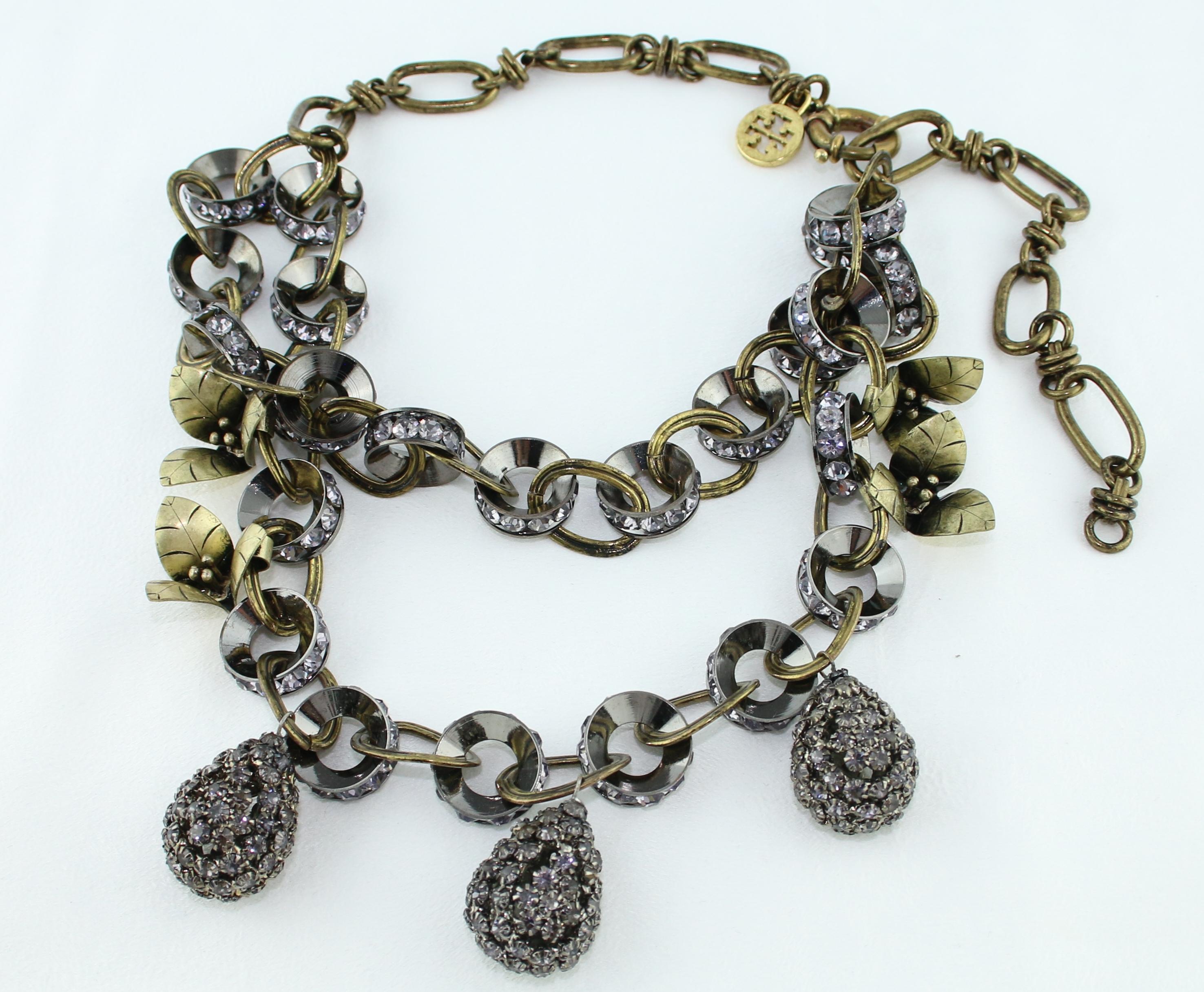 Tory Burch Collar metálico con doble cadena de diamantes en forma de lágrima Contemporáneo en venta