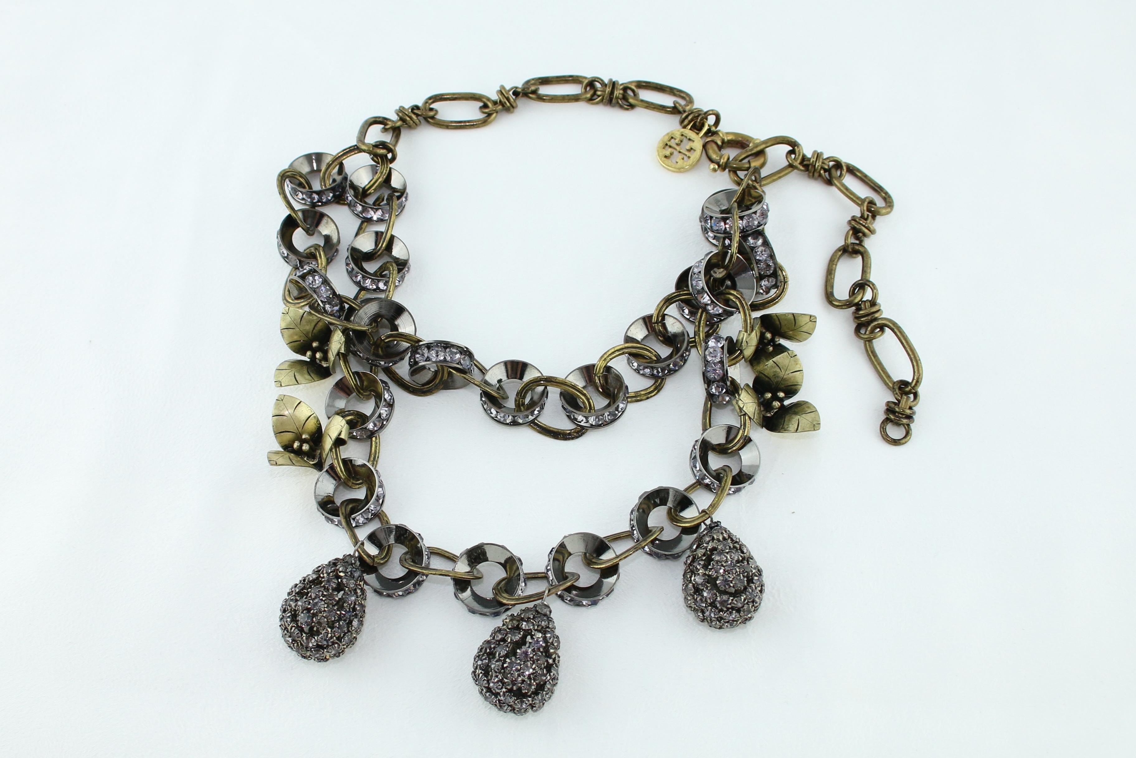 Tory Burch Collar metálico con doble cadena de diamantes en forma de lágrima Corte redondo en venta