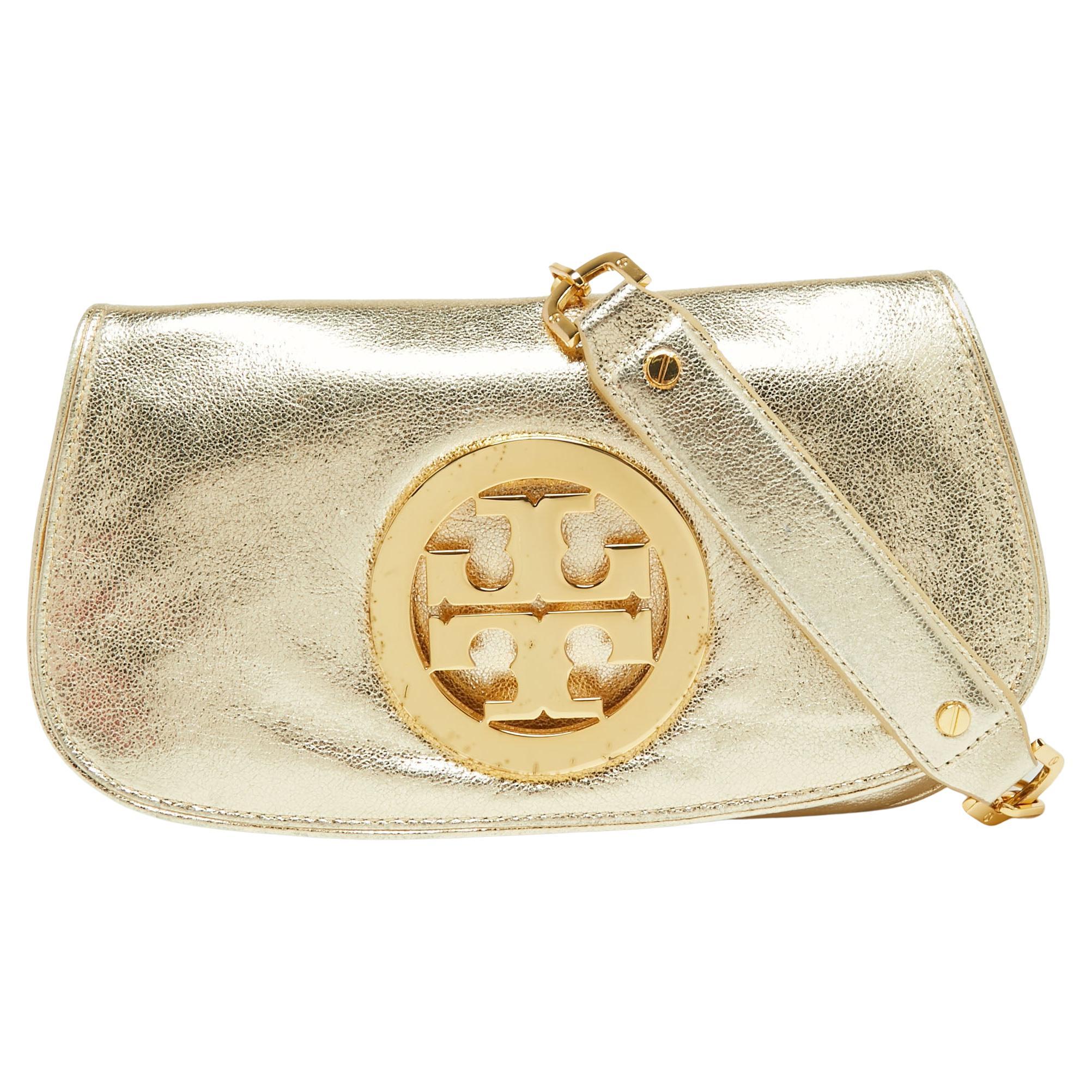 Tory Burch Metallic Gold Leather Reva Logo Crossbody Bag at 1stDibs