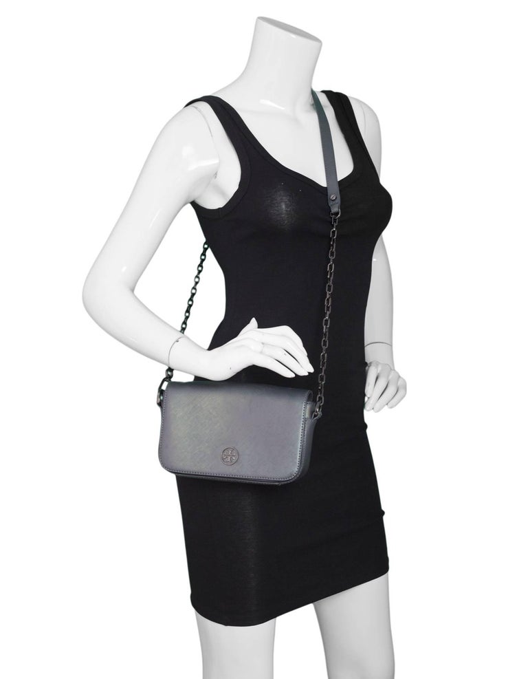 Tory Burch Metallic Grey Saffiano Robinson Mini Crossbody Bag with DB
