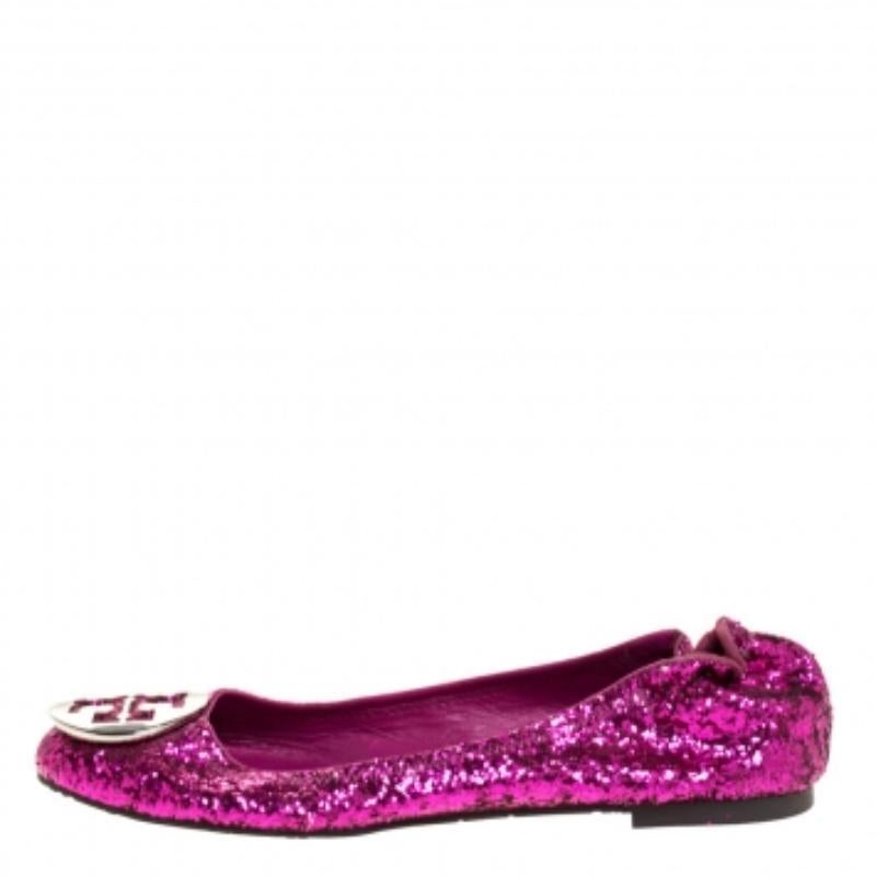 De las mujeres Tory Burch Bailarinas Minnie de tela con purpurina gruesa rosa metalizado talla 38 en venta