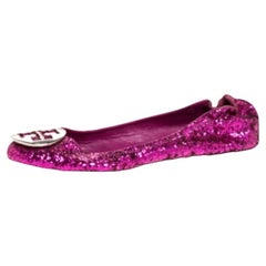 Tory Burch Metallic Pink Coarse Glitter Fabric Minnie Ballet Flats Size 38